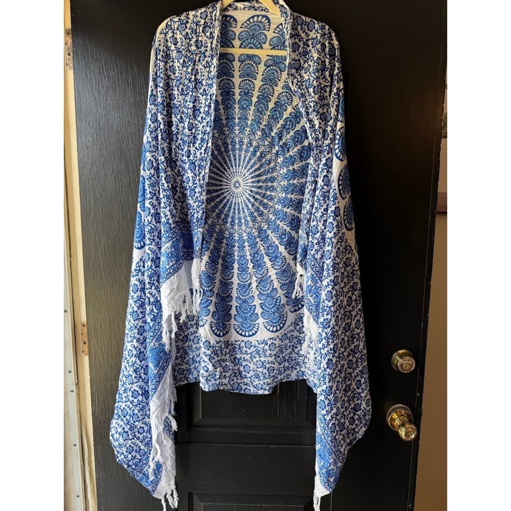 Blue White Mandala Elephant Print Sarong Wrap Beach Cover Up Fringe Tassel Shawl